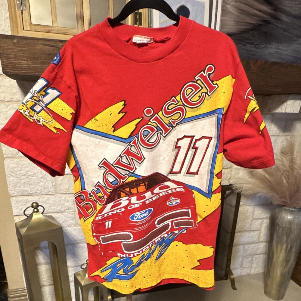 Authentic vintage mid-1990s Bill Elliott #11 Budweiser Racing (AOP) T size L